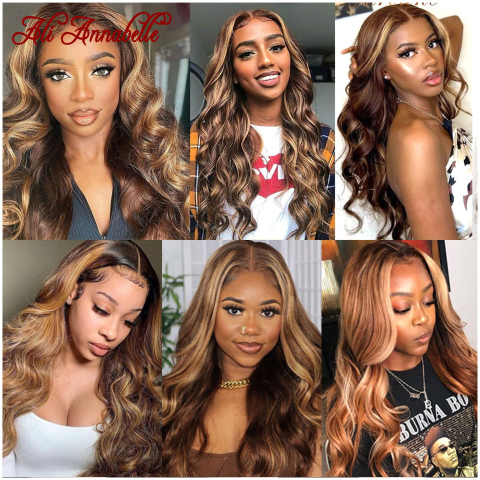 Honey Blonde Highlight Ombre Brown Body Wave Human Hair Wig by Ali Annabelle: Premium Quality