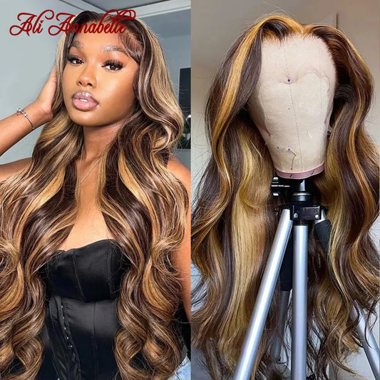 Honey Blonde Highlight Ombre Brown Body Wave Human Hair Wig by Ali Annabelle: Premium Quality